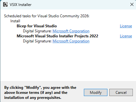Captura de pantalla del cuadro de diálogo Instalador de VSIX en Visual Studio.