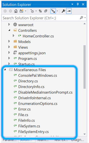 Captura de pantalla del explorador de soluciones con archivos varios.