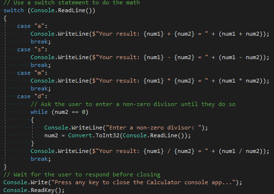 Captura de pantalla que muestra la sección del interruptor revisada en el editor de Visual Studio Code.
