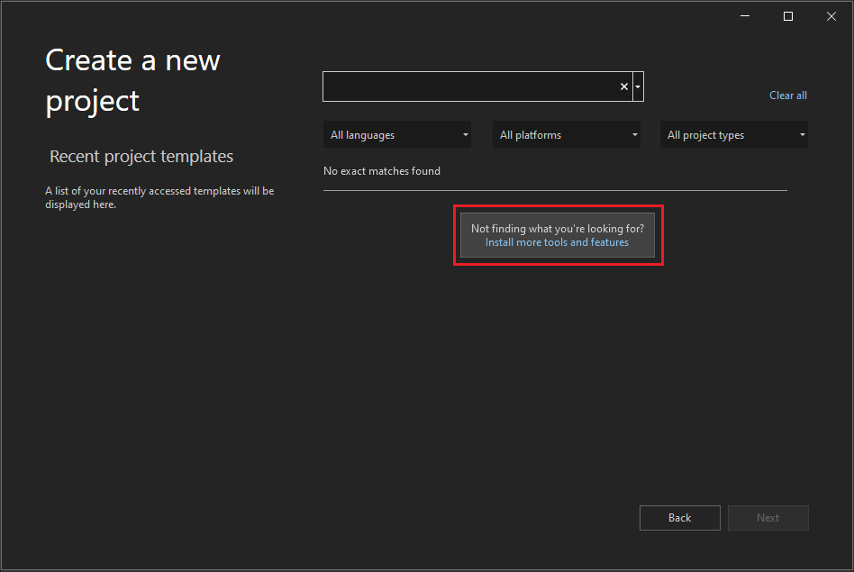 Captura de pantalla que muestra la ventana Crear un nuevo proyecto en Visual Studio 2022 con el vínculo 