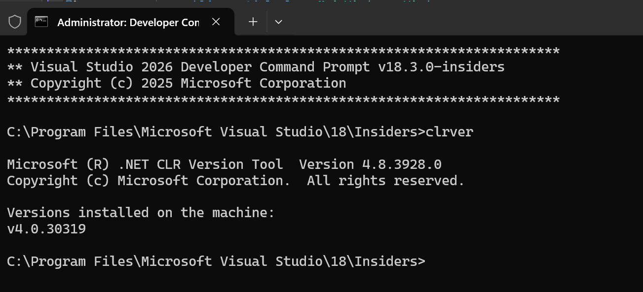 Captura de pantalla del símbolo del sistema para desarrolladores para Visual Studio.