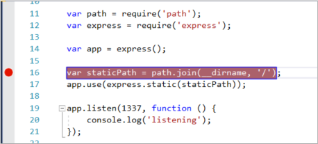 Captura de pantalla de la ventana de Visual Studio Code que muestra código JavaScript. Un punto rojo en el margen izquierdo indica que se establece un punto de interrupción.