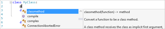 Captura de pantalla que muestra la finalización del decorador en el editor de Visual Studio.