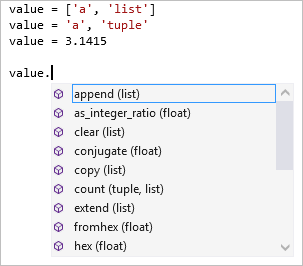 Captura de pantalla que muestra la finalización de miembros en varios tipos en el editor de Visual Studio.