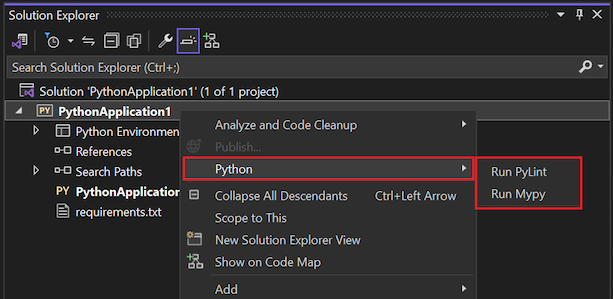 Captura de pantalla que muestra los comandos de linting disponibles para proyectos de Python en el Explorador de soluciones.