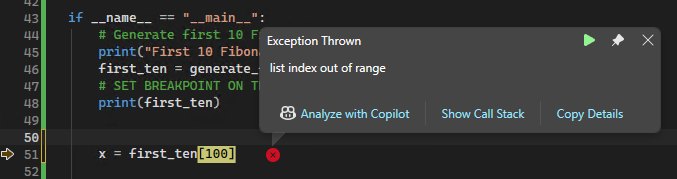 Captura de pantalla que muestra una ventana emergente de excepción para un error no controlado en el depurador de Visual Studio.