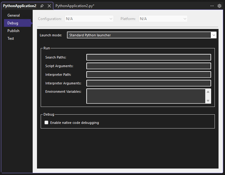 Captura de pantalla que muestra las propiedades de depuración del proyecto de Python en el depurador de Visual Studio.