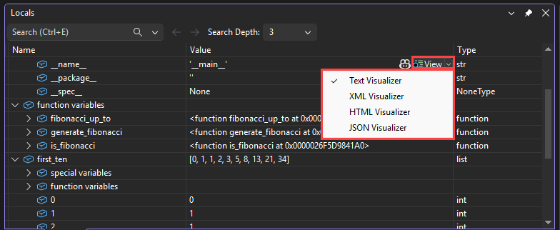 Captura de pantalla donde se indica cómo acceder a los visualizadores desde la lupa Visualizar en el depurador de Visual Studio.
