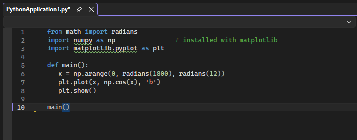 Captura de pantalla que muestra cómo Visual Studio usa formato especial para indicar que la instrucción de importación matplotlib no está resuelta.