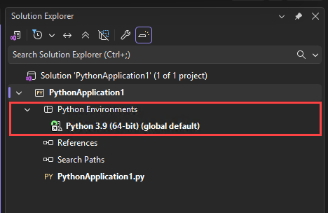 Captura de pantalla que muestra el nodo Entornos de Python en el Explorador de soluciones en Visual Studio.