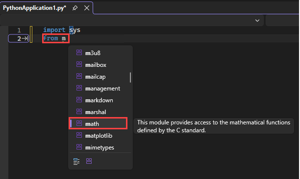 Captura de pantalla que muestra cómo IntelliSense muestra los módulos disponibles para la instrucción 