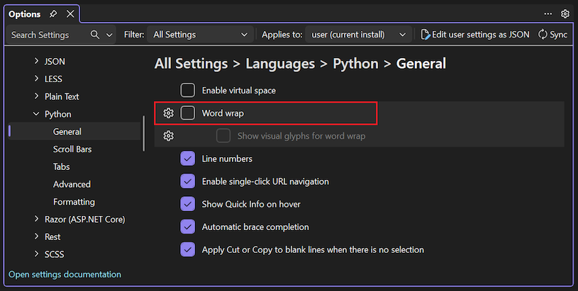 Captura de pantalla que muestra cómo habilitar el ajuste de palabras para Python en Visual Studio.