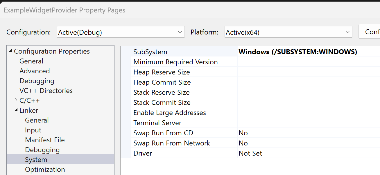 Una captura de pantalla que muestra las propiedades del proyecto del proveedor de widgets de C++ con el tipo de salida establecido en Aplicación de Windows