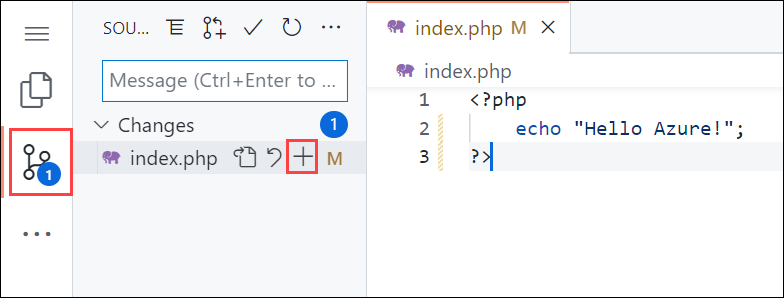 Capture d’écran de Visual Studio Code dans le navigateur, en mettant en surbrillance la navigation du contrôle de code source dans la barre latérale, puis en mettant en surbrillance le bouton Modifications d’étape dans le panneau Contrôle de code source.