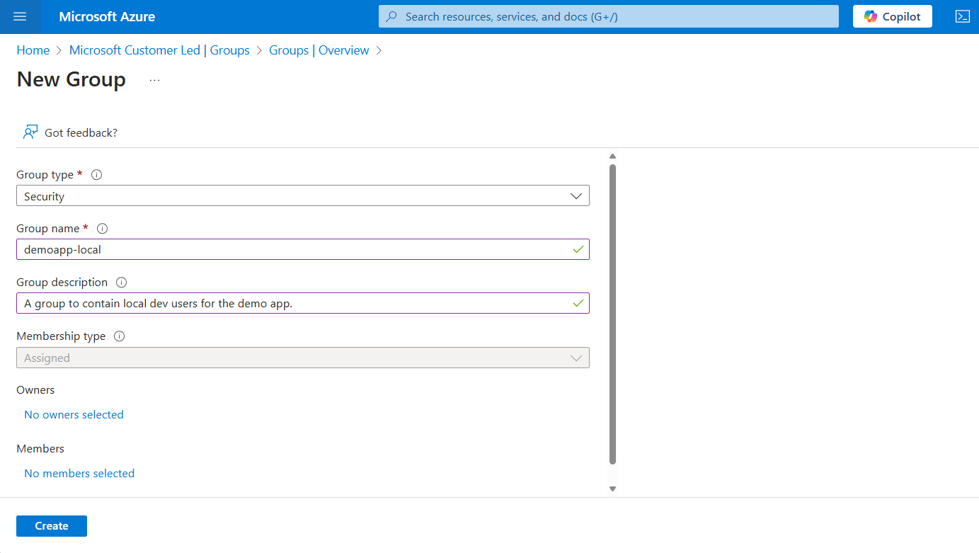 A montrant comment créer un groupe dans le Azure portal.