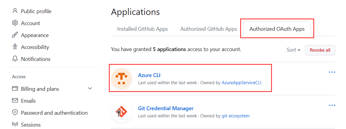 Capture d’écran montrant comment afficher les applications OAuth autorisées pour un compte GitHub.