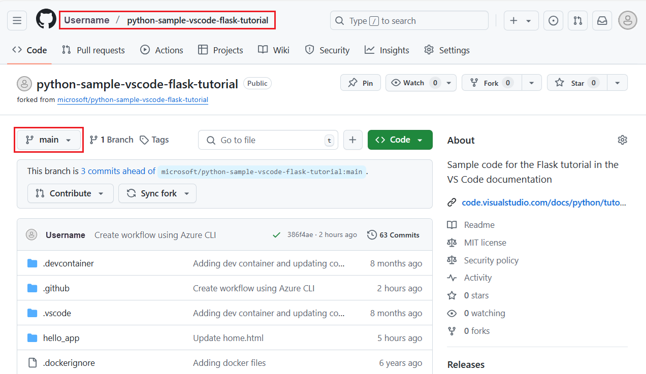 Capture d’écran montrant comment accéder au dépôt et à la branche où le flux de travail GitHub Actions est défini.
