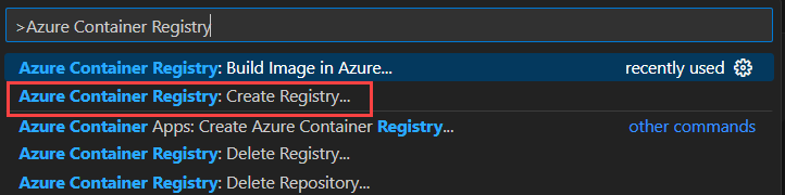 Capture d’écran montrant comment rechercher la tâche pour créer une instance Azure Container Registry dans Visual Studio Code.