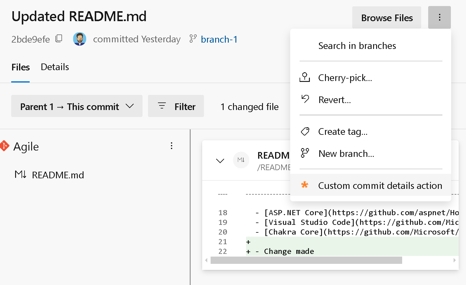 Capture d’écran du menu détails de validation Git.