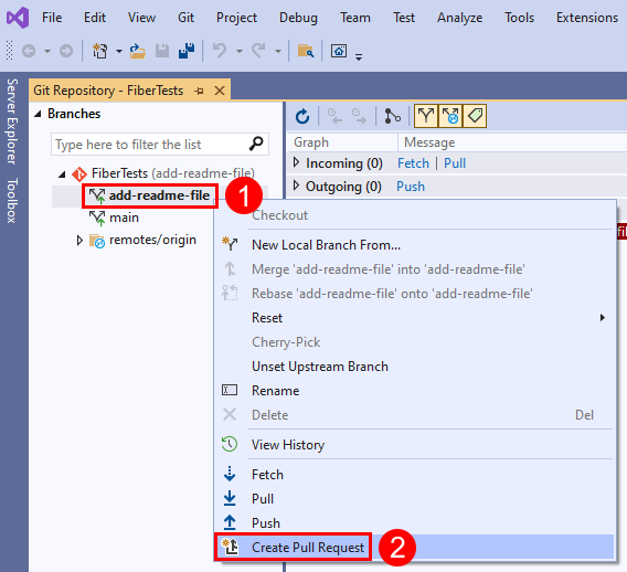 Capture d’écran de l’option de menu « Créer une pull request » dans le menu contextuel de la branche dans la fenêtre « Référentiel Git » de Visual Studio.