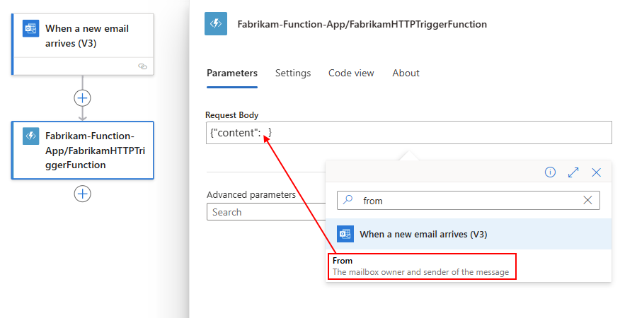 Capture d’écran montrant un workflow Consommation avec un exemple de corps de requête pour la charge utile de l’objet de contexte de fonction.