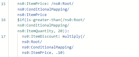 La capture d’écran montre le volet Code avec le mappage conditionnel entre les éléments sources et cibles utilisant les fonctions Supérieur à, Multiplier et Si.
