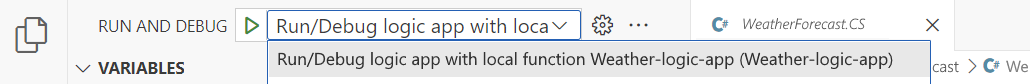 La capture d’écran montre la liste Exécuter et Déboguer avec l’option de sélection pour l’application logique Exécuter/Déboger avec fonction locale.