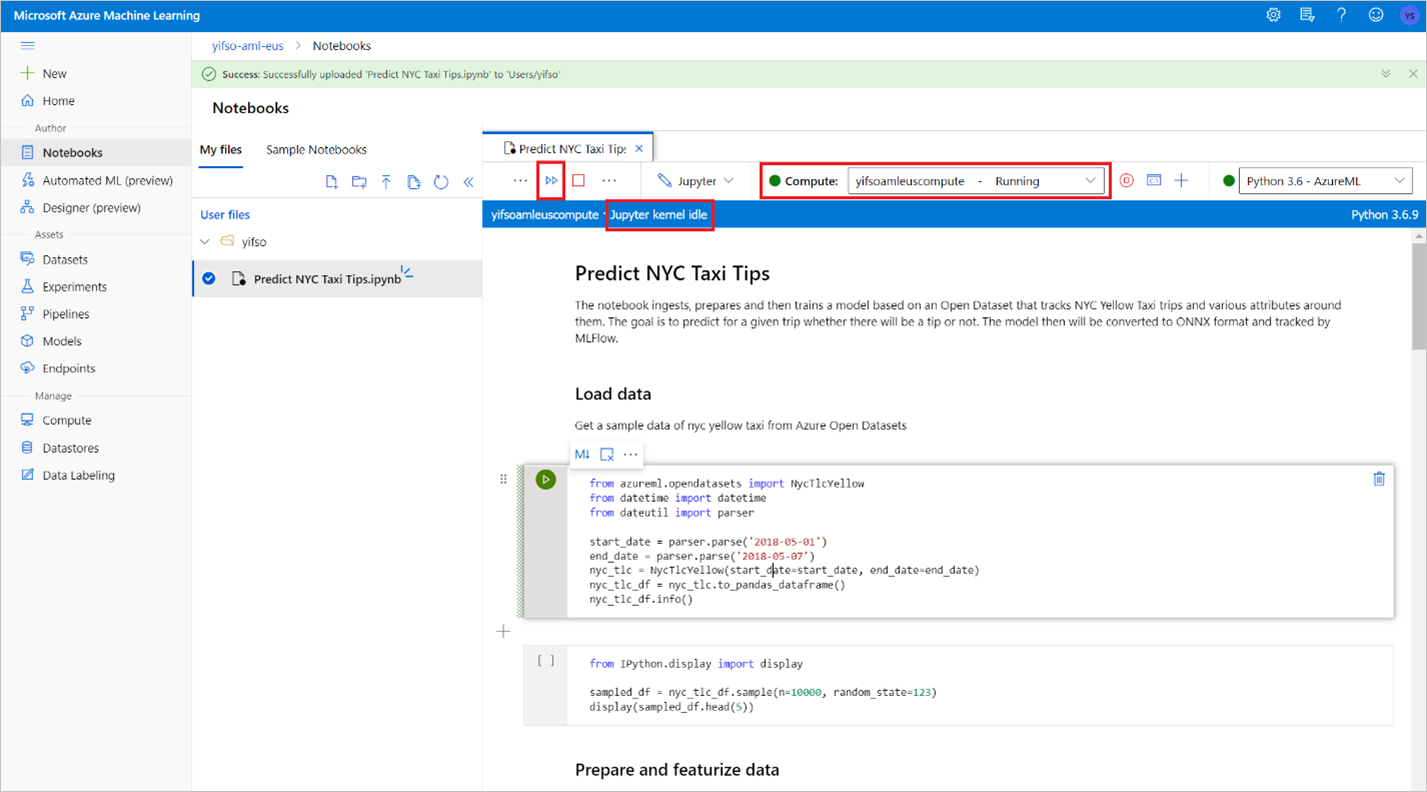 Capture d’écran montrant la vérification du calcul Azure Machine Learning.