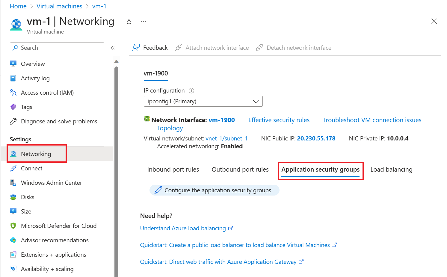 Capture d’écran de Configurer des groupes de sécurité d’application.