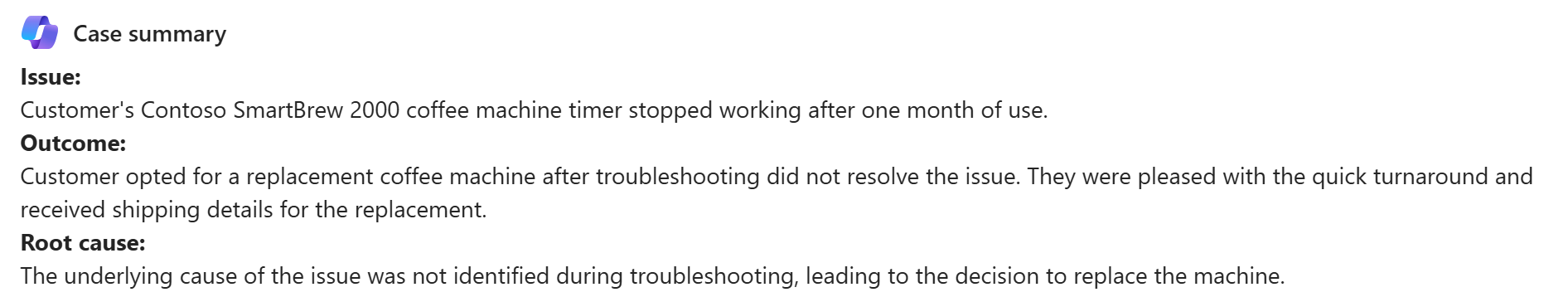 Capture d’écran d’un paragraphe de résumé d’incident de Copilot.