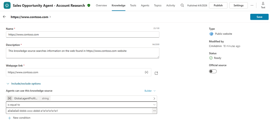 Capture d’écran du formulaire de configuration de la source de connaissances montrant comment filtrer par instance d’agent à l’aide de la variable agentProfileId.