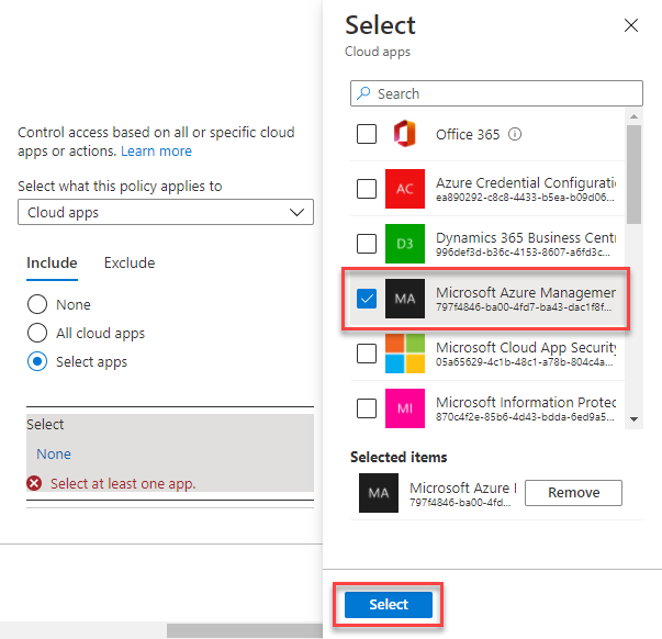 Capture d’écran de la page Accès conditionnel, dans laquelle vous sélectionnez l’application, l’API Gestion des services Windows Azure, à laquelle la nouvelle stratégie s’applique.