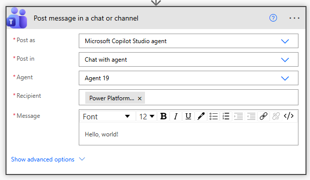 Action de publication de messages dans Power Automate.
