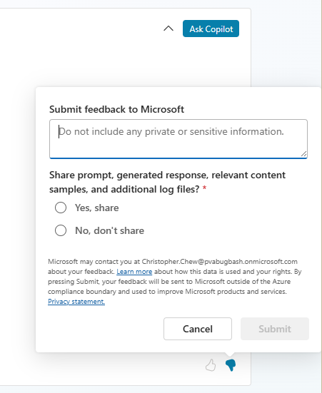 Capture d’écran du volet Envoyer des commentaires à Microsoft.