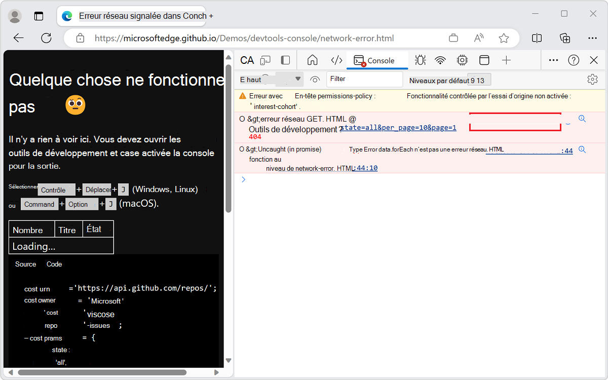 Erreur de l’outil console avec le nom de fichier et le numéro de ligne cliquables