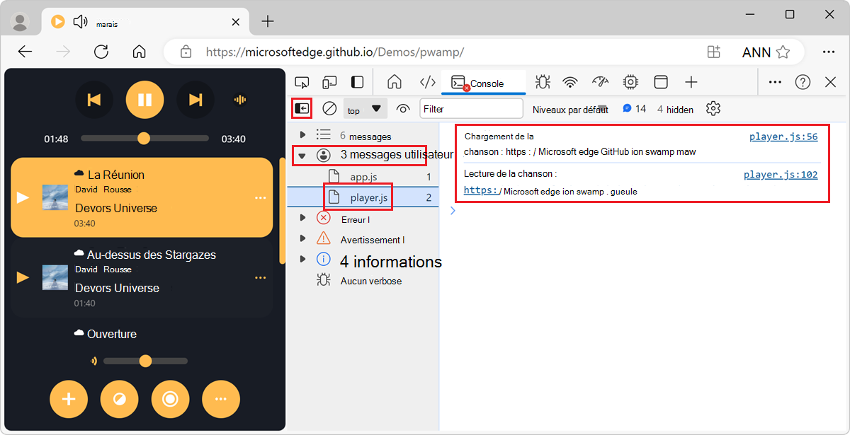 Filtrage des messages provenant d’un script à l’aide de la barre latérale