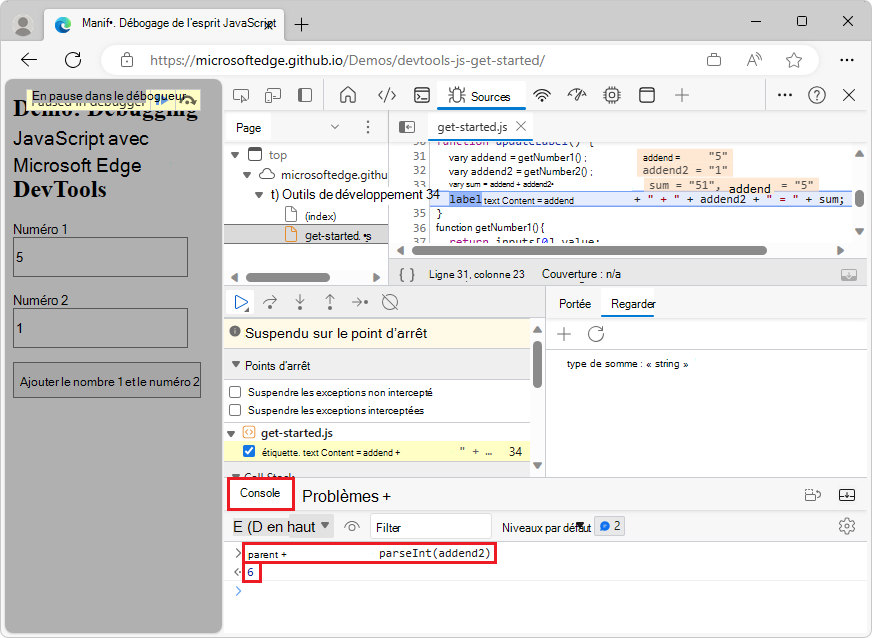 L’outil Console, après évaluation de parseInt(addend1) + parseInt(addend2)
