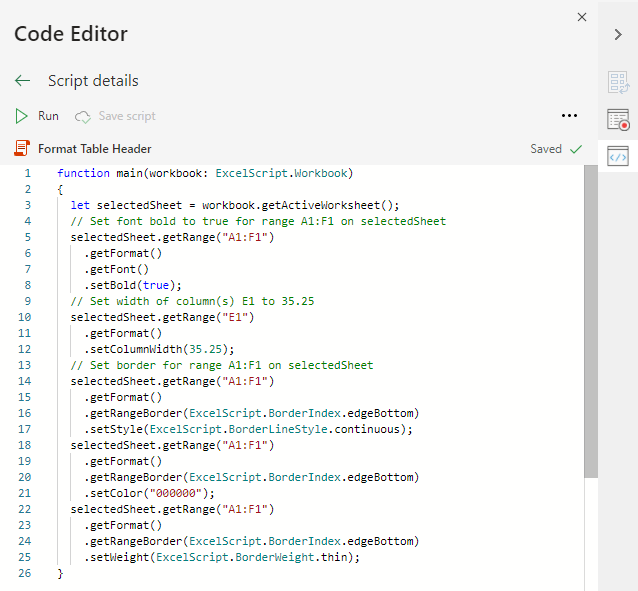 Éditeur de code montrant le code de script utilisé dans ce tutoriel.