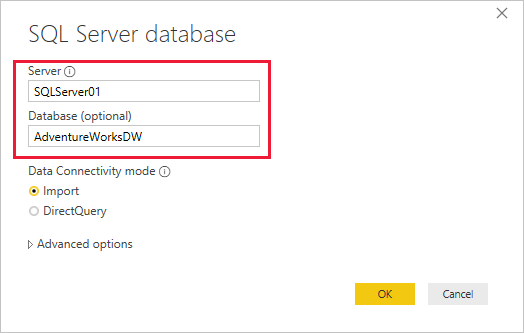 Capture d’écran de la boîte de dialogue base de données SQL Server.