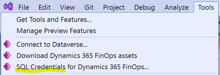 Visual Studio> Outils> Informations d’identification SQL pour Dynamics 365 FinOps...