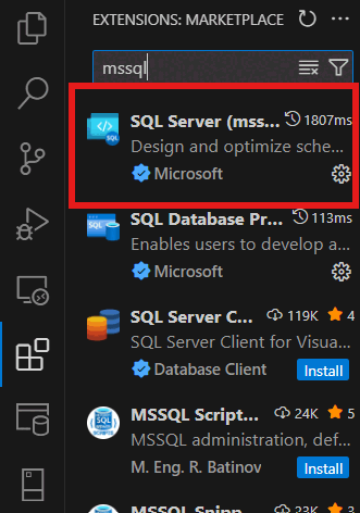 Capture d’écran de l’installation de l’extension MSSQL dans Visual Studio Code.