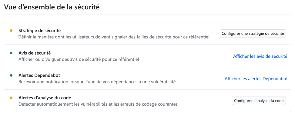 Capture d’écran d’une liste de stratégies, d’avis et d’alertes avec des liens vers plus d’informations.