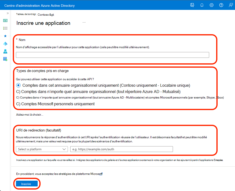 Capture d’écran montrant les sélections pour l’inscription d’une application à Microsoft Entra ID.
