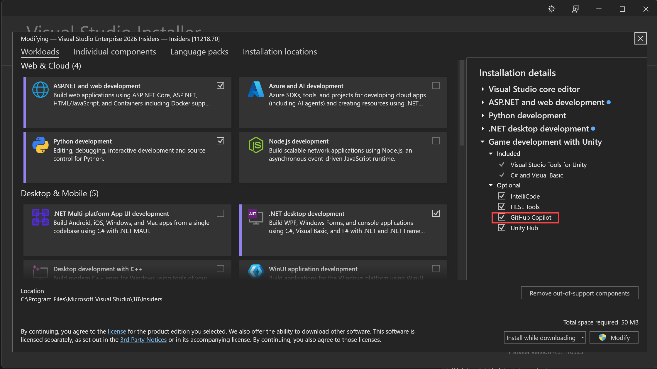 Capture d’écran montrant comment utiliser Visual Studio Installer pour installer le composant GitHub Copilot.
