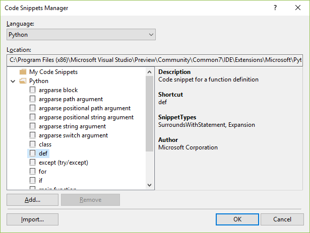 Capture d’écran montrant le Gestionnaire d’extraits de code dans Visual Studio.