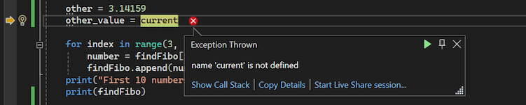 Capture d’écran du débogueur Visual Studio pour Python montrant une boîte de dialogue contextuelle d’exception.
