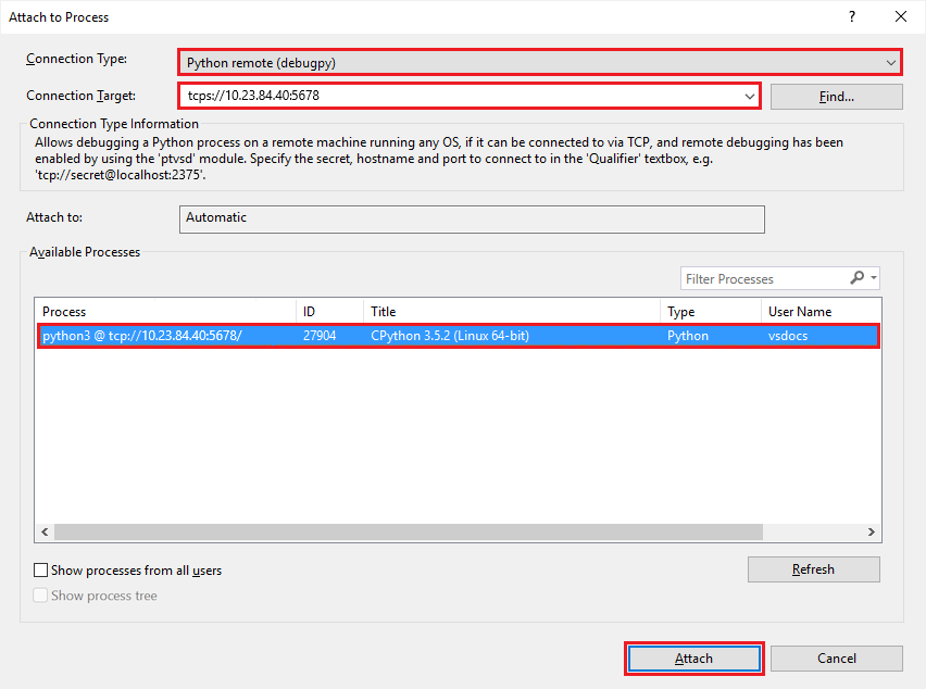 Capture d’écran montrant comment entrer la cible de connexion pour afficher la liste des processus debugpy disponibles.