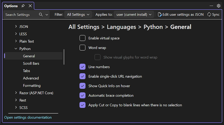 Capture d’écran montrant les catégories d’options de langage pour Python et des options générales spécifiques dans Visual Studio 2026.