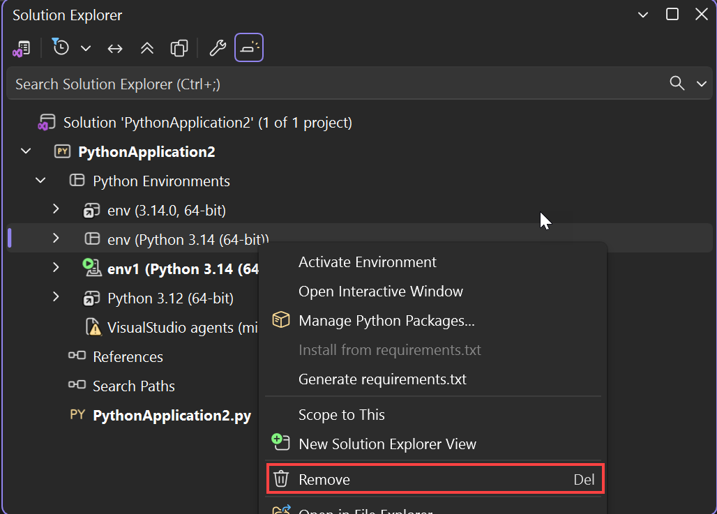 Capture d’écran montrant comment supprimer un environnement Python.