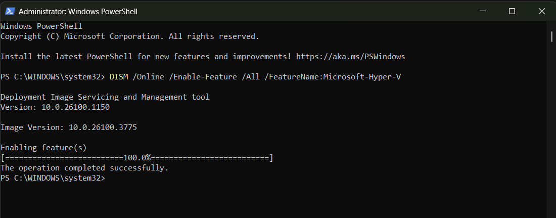 Fenêtre de console montrant Hyper-V activé.